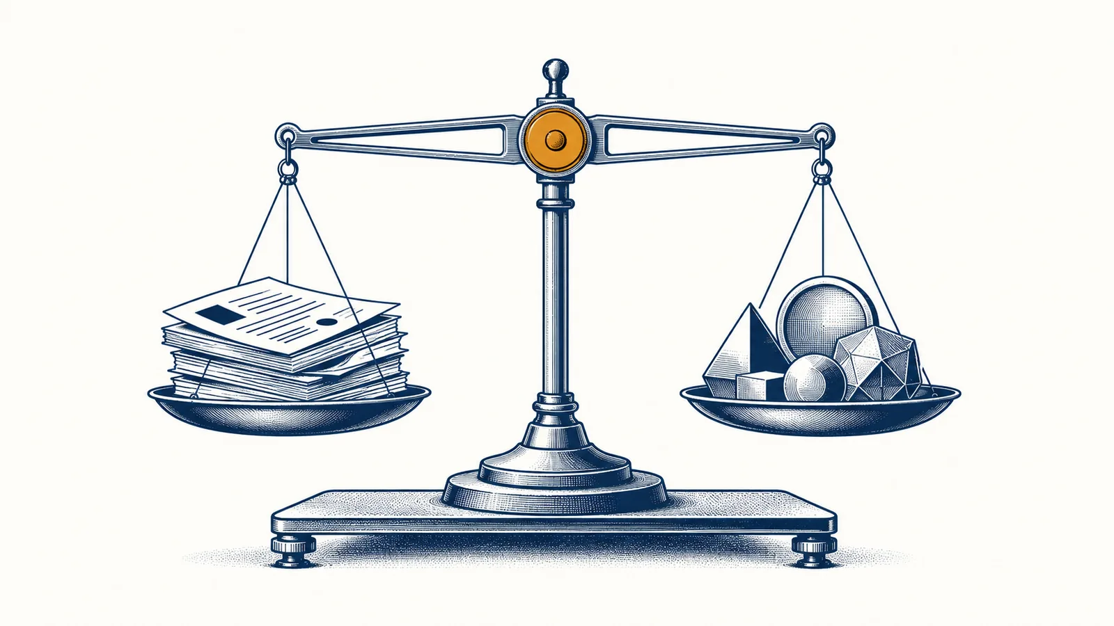 Ilustração editorial: balança de precisão pesando documentos e símbolos monetários