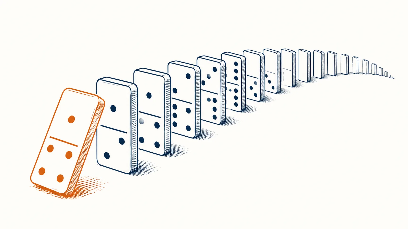 Ilustração editorial: dominó em arco com a primeira peça começando a tombar
