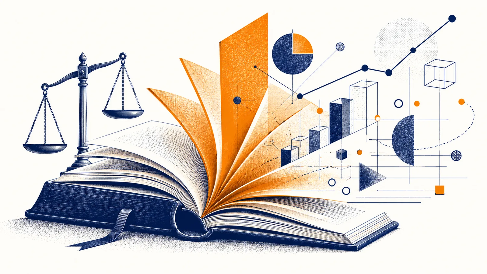 Ilustração editorial: livro de leis abrindo em leque com páginas se transformando em dados